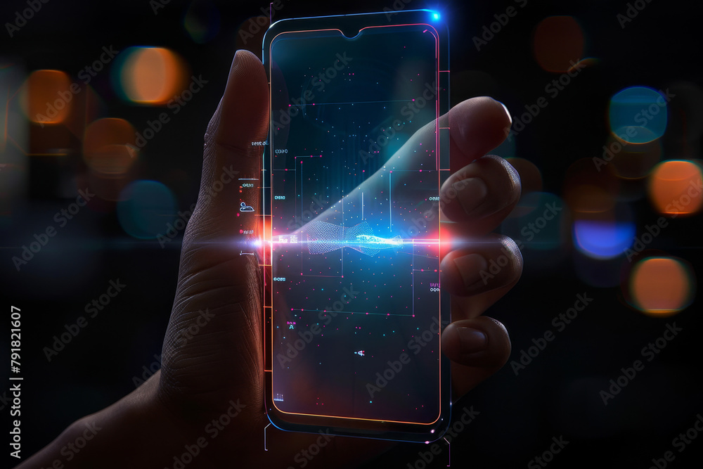 Poster artificial intelligence smartphone with an interface translucent screen, technology futuristic