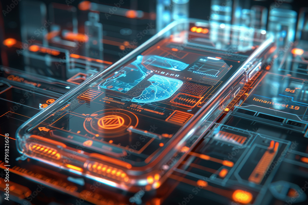 Poster artificial intelligence smartphone with an interface translucent screen, technology futuristic