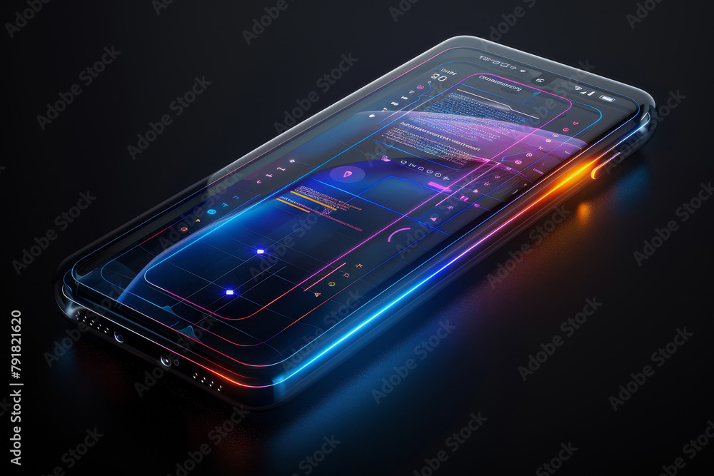 Poster artificial intelligence smartphone with an interface translucent screen, technology futuristic