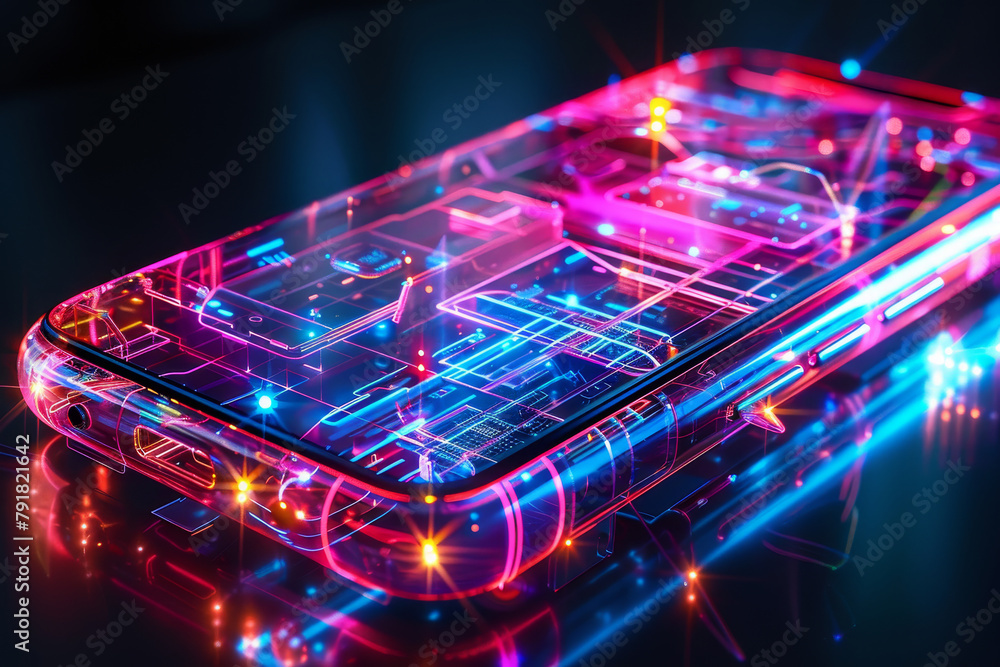 Poster artificial intelligence smartphone with an interface translucent screen, technology futuristic