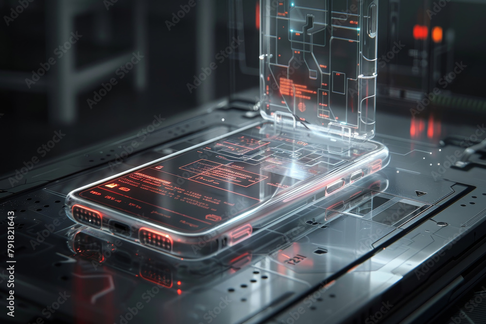 Poster artificial intelligence smartphone with an interface translucent screen, technology futuristic