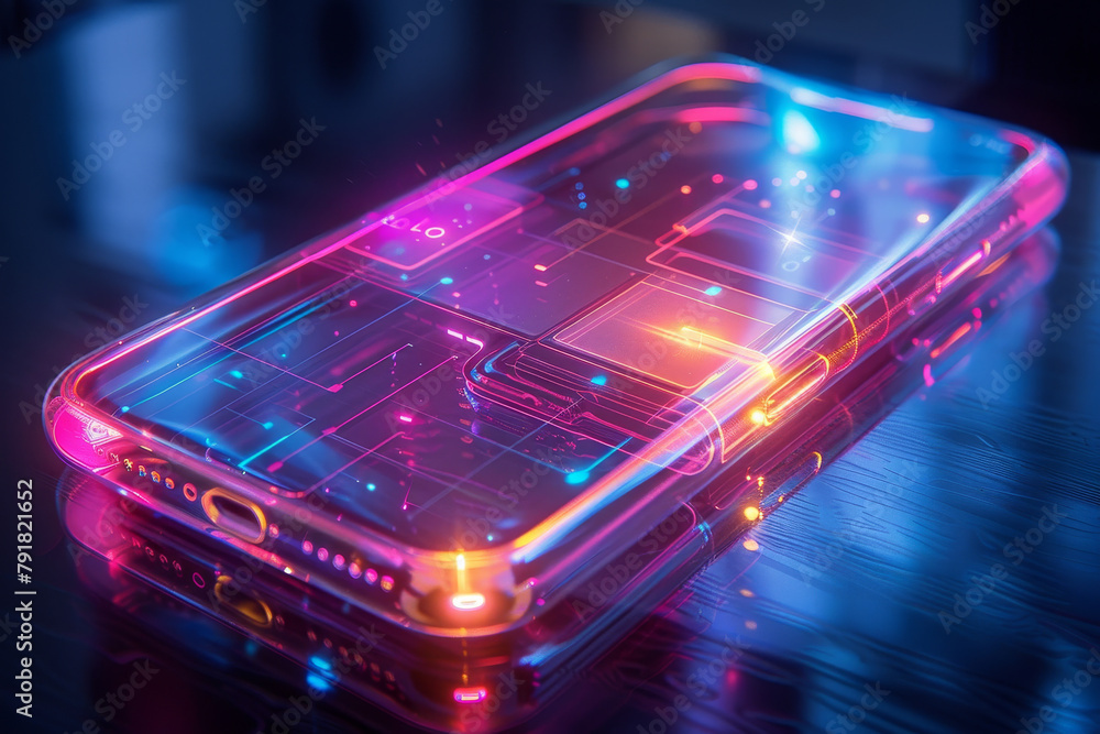 Poster artificial intelligence smartphone with an interface translucent screen, technology futuristic