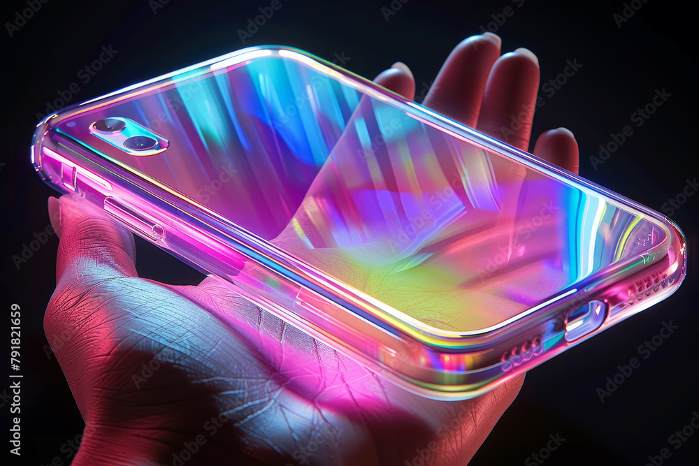 Poster artificial intelligence smartphone with an interface translucent screen, technology futuristic