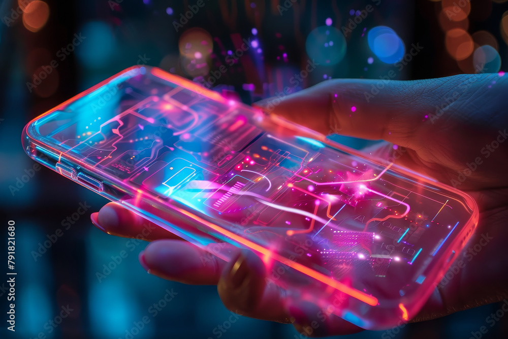 Poster artificial intelligence smartphone with an interface translucent screen, technology futuristic