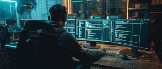 The image shows an IT specialist working on a personal computer with screens displaying a coding language interface. The background shows a technical room of a data center with professional workers.