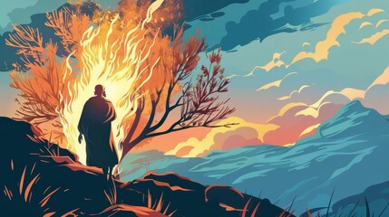 god appearing to moses in burning bush on mount sinai biblical scene vector illustration