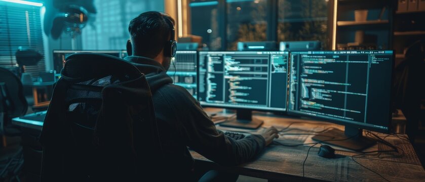 The image shows an IT specialist working on a personal computer with screens displaying a coding language interface. The background shows a technical room of a data center with professional workers. - Powered by Adobe