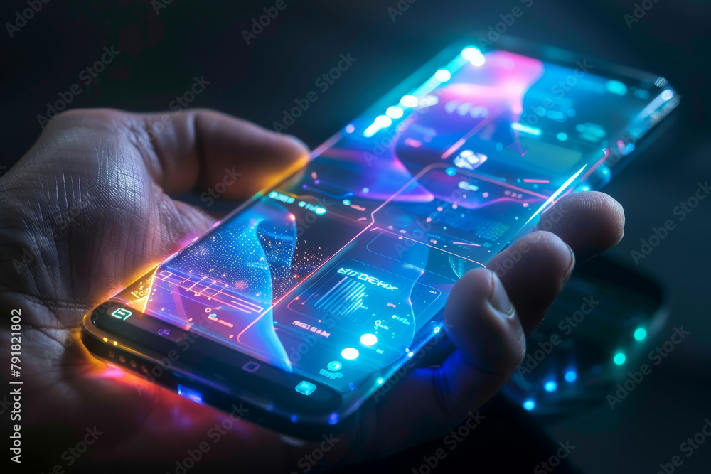 Poster artificial intelligence smartphone with an interface translucent screen, technology futuristic