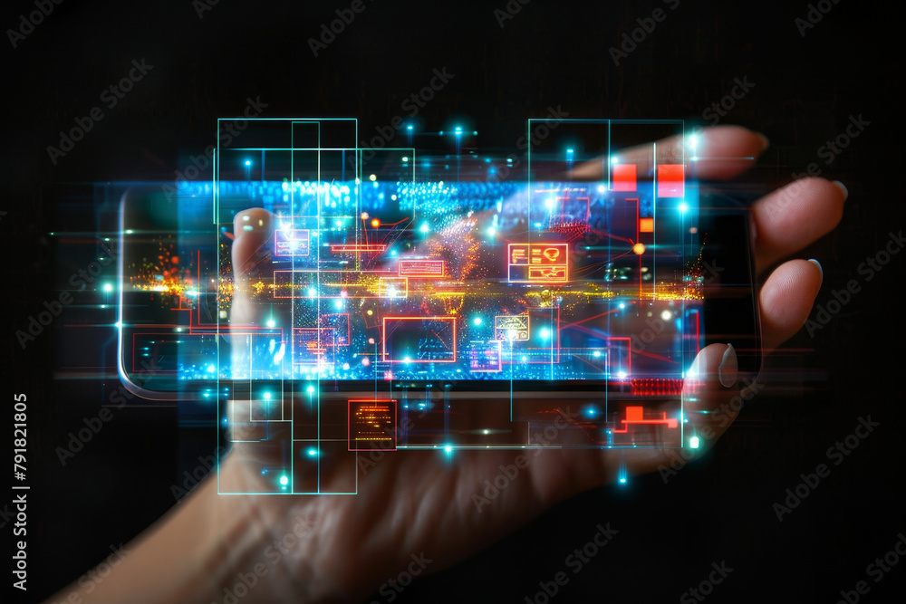 Poster artificial intelligence smartphone with an interface translucent screen, technology futuristic