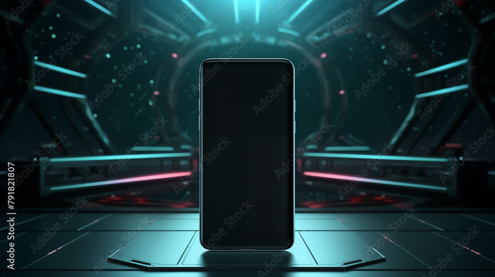 Poster mobile mockup upright in sci-fi environment with sparkling particles. green spaceship interior. phon
