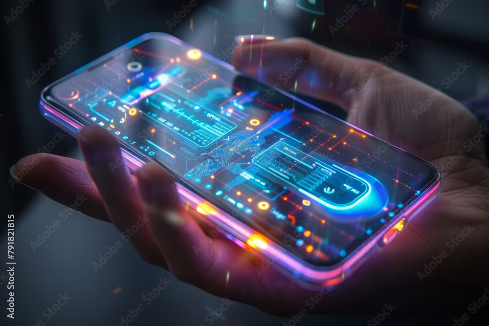 Poster artificial intelligence smartphone with an interface translucent screen, technology futuristic