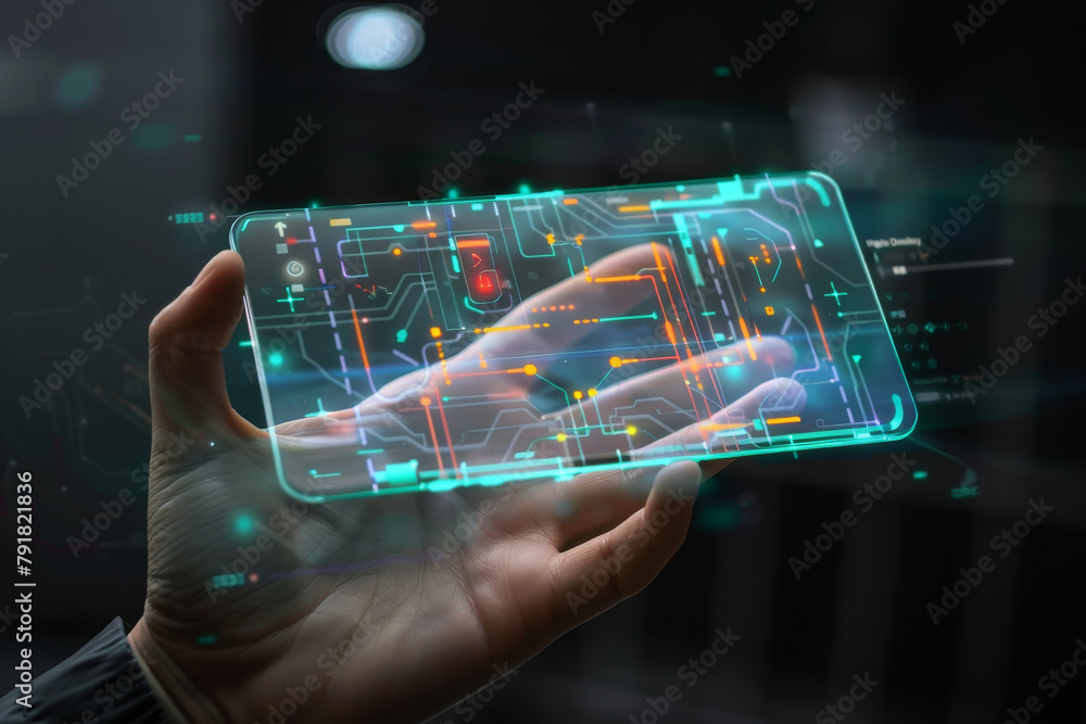 Poster artificial intelligence smartphone with an interface translucent screen, technology futuristic