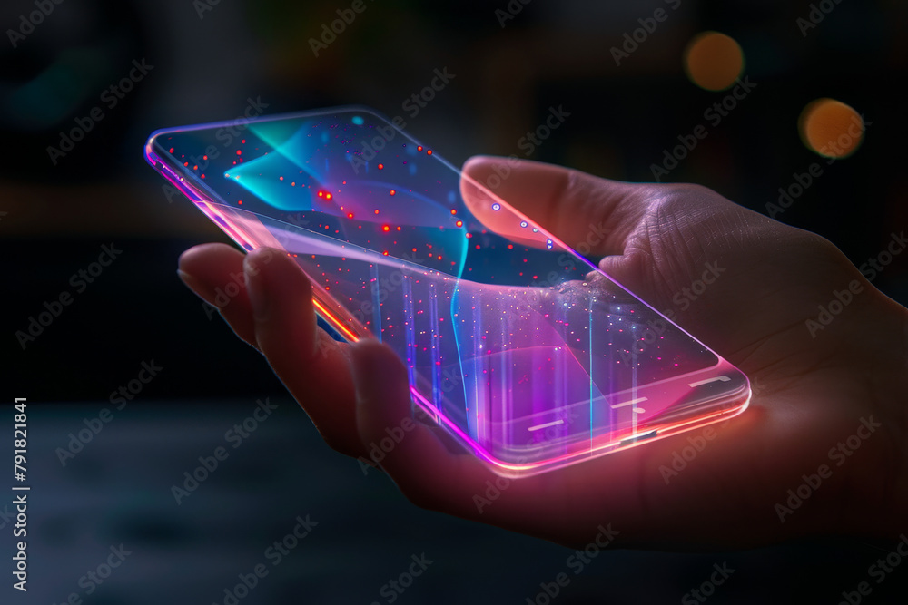 Poster artificial intelligence smartphone with an interface translucent screen, technology futuristic