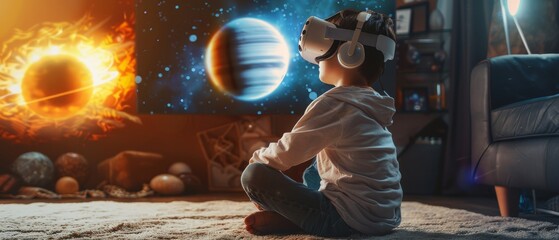 Young boy wearing VR headset and looking at digitally generated solar system with sun and planets. Space Exploration with AR Glasses. He's sitting on carpet in his living room.