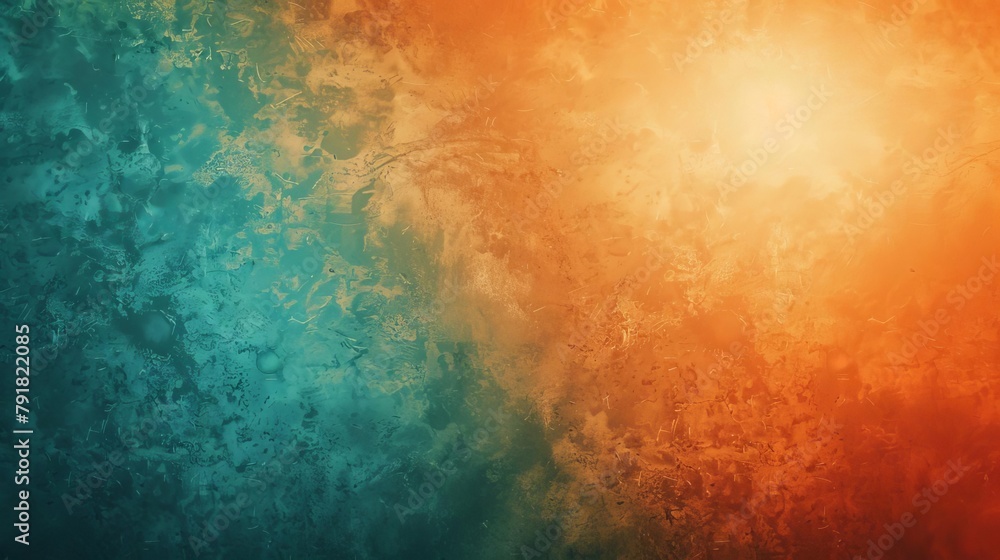 Poster grungy orange and teal gradient background with grainy texture and bright glow abstract