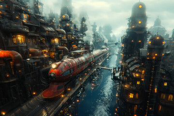A steampunk-inspired world where Victorian-era technology has advanced to fuel airships and automatons.Train passing through futuristic city with tower blocks near river