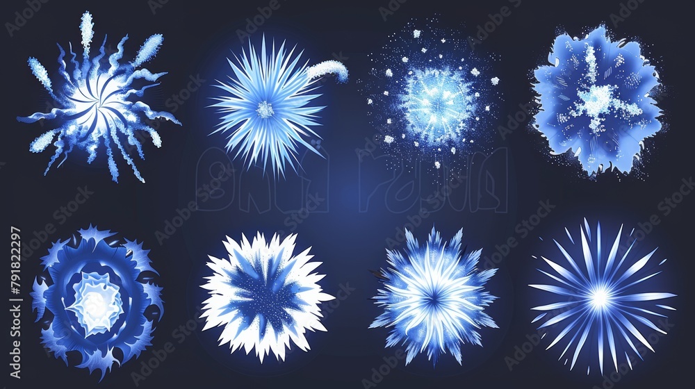 Poster set of fireworks explosion effects for videogame animation, burst sprites, user interface gui elemen