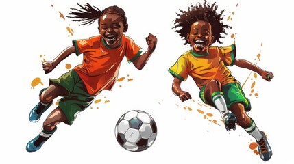 happy young african american soccer players cut out on white background digital sports illustration