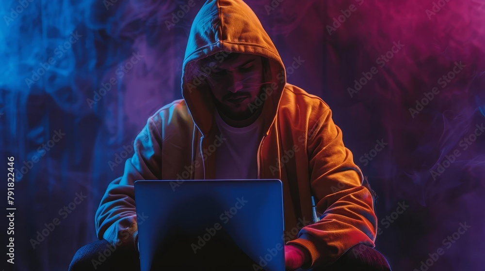 Poster hooded hacker using laptop to commit cybercrime malware and data theft concept dramatic dark studio 