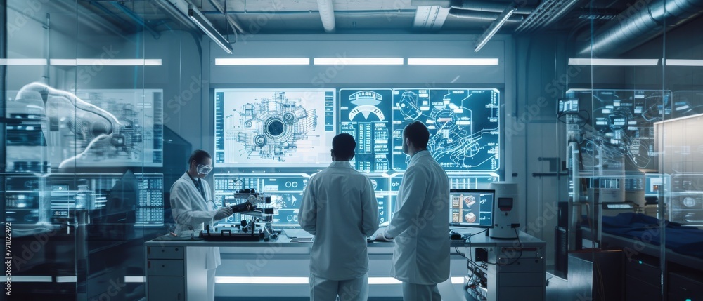Poster technology research laboratory: various industrial scientists, engineers, and developers work on dig