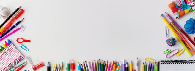 School supplies double border banner. Top view on a white background with copy space. Back to school concept.