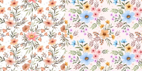 Digital flowers and leaves textile design isolated background. 