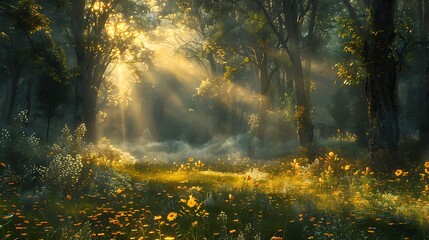 Explore the tranquil beauty of a sun-dappled woodland glade, where shafts of golden sunlight filter through the canopy above. . - obrazy, fototapety, plakaty