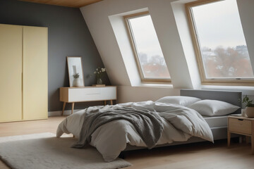 Schlafzimmerdesign mit moderner Einrichtung, neutralen Farben an den W&auml;nden f&uuml;r ein stilvolles Ambiente