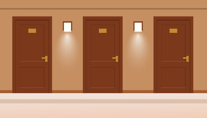 Isometric empty luxury hotel hallway interior with closed numbered doors, glowing wall lamps, potted plants. Enjoy the Holiday and Vacation. Mobile Application, Hotel Booking Online