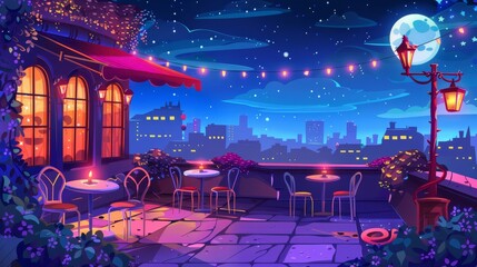 Modern parallax background for 2D game animations with cartoon illustration of an empty patio on a roof or balcony with cafe furniture.