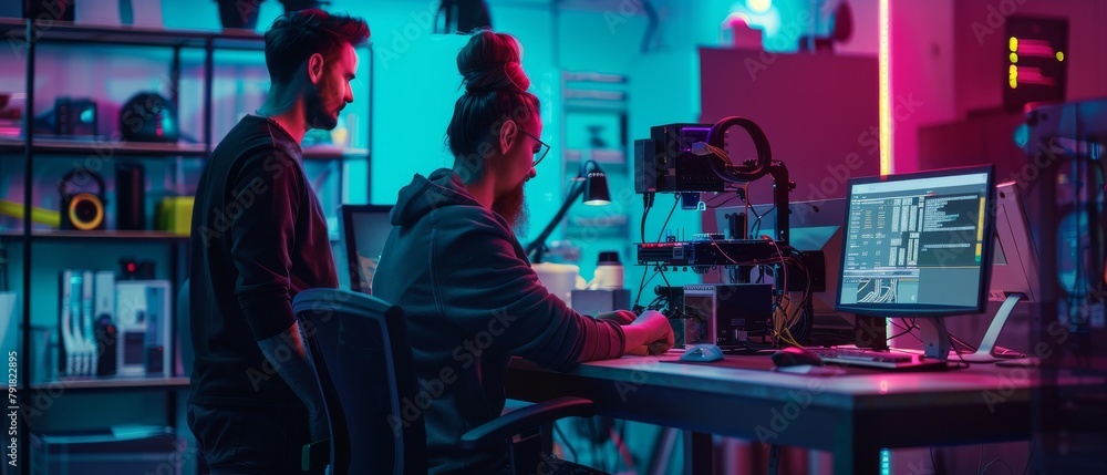Poster engineers from across the electronic development spectrum, seated at a desk with 3d printers and pcb
