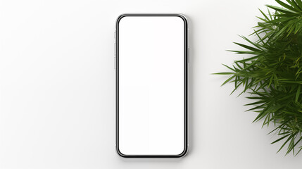 Phone mockup next to vibrant green foliage on white background. Nature minimalism. Fresh look. Smartphone template device advertising image. Technology concept cellphone mock up