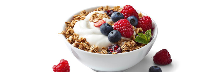 A minimalist approach showcasing a bowl of yogurt with granola and mixed berries on an immaculate white background for a clean, healthy vibe