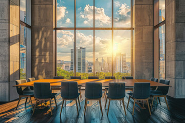 Strikingly lit conference room with a wooden table, comfortable chairs, and a city skyline view through tall windows