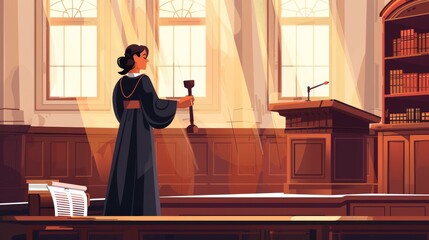Female lawyer in black robes and courtroom interior. Modern cartoon illustration of female lawyer in black robes and courtroom furniture.