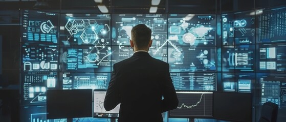 The project manager uses a digital whiteboard to present a motivational presentation for his team of electronic engineers. He uses a neural network, artificial intelligence, and machine learning.