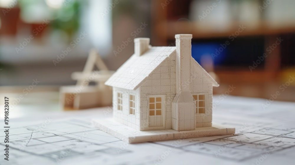 Poster a close-up shot of a small-scale house model resting on a blueprint, illustrating the initial stages