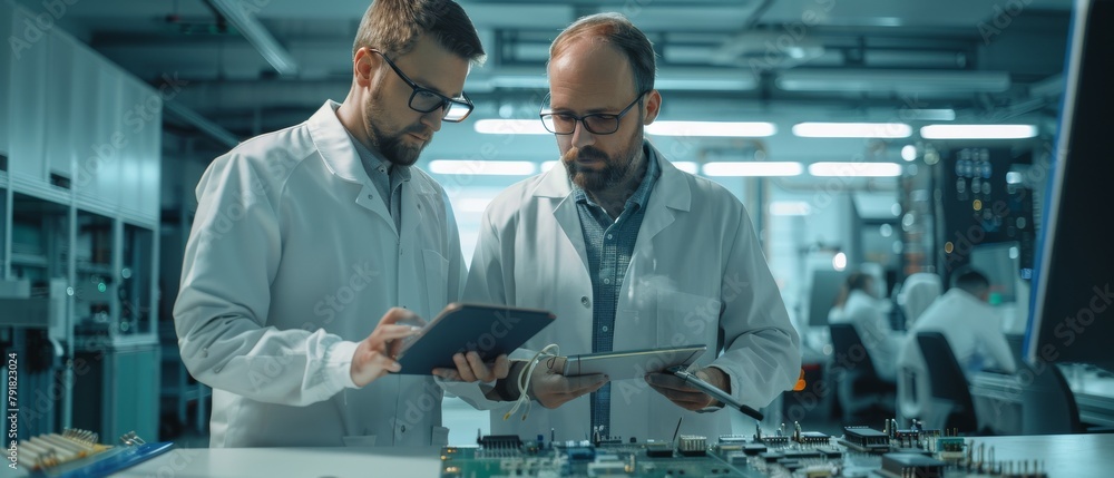 Poster a development engineer talks with a project manager, where a pcb motherboard is selected to hold a m