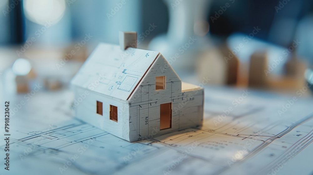 Poster a close-up shot of a small-scale house model resting on a blueprint, illustrating the initial stages