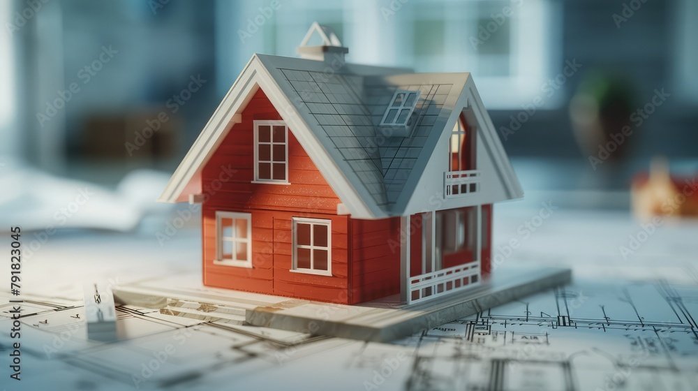 Poster a close-up shot of a small-scale house model resting on a blueprint, illustrating the initial stages