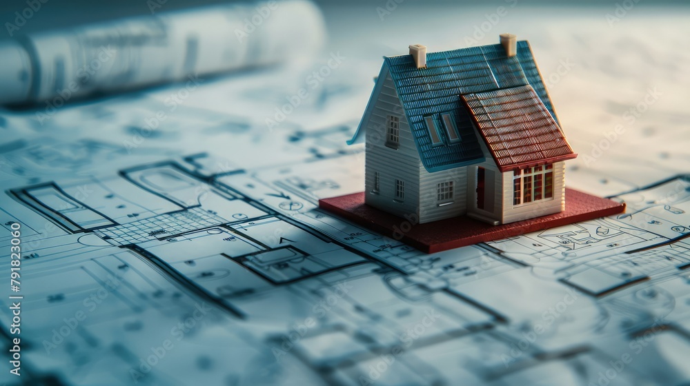 Poster a close-up shot of a small-scale house model resting on a blueprint, illustrating the initial stages