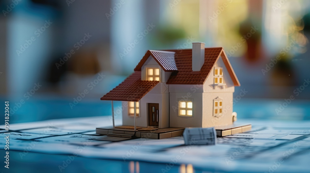 Poster a close-up shot of a small-scale house model resting on a blueprint, illustrating the initial stages