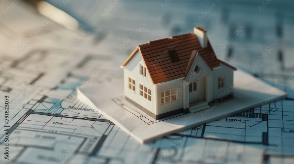 Poster a close-up shot of a small-scale house model resting on a blueprint, illustrating the initial stages