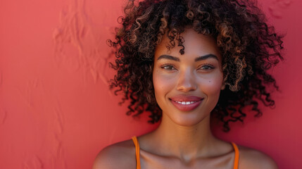 A woman with curly hair is smiling at the camera. She is wearing an orange tank top and is standing in front of a red wall