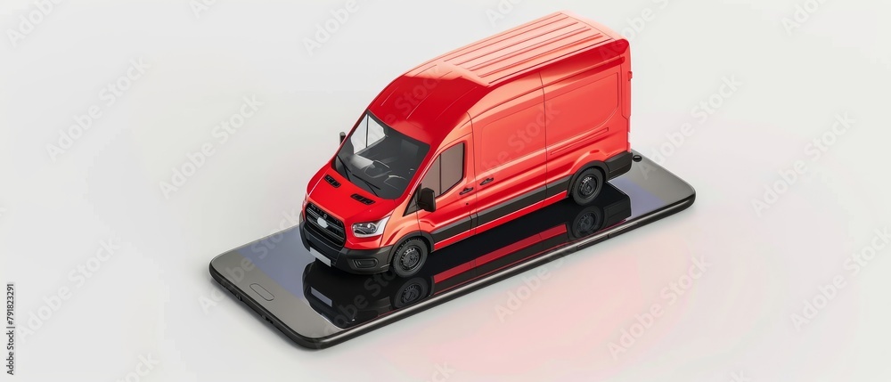 Poster shopping application on smartphone with delivery van on white background. 3d rendering.