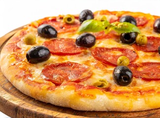 A freshly baked pizza topped with pepperoni and olives, placed on a wooden platter isolated 