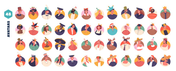 Set of Lively Character Avatars in Funny Hats, Creating A Comical And Cheerful Visual Celebration Of Individuality - 791823445
