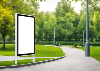 Mockup of modern white vertical street poster billboard on Park and Greenery background