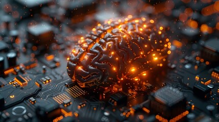 Glowing Artificial Intelligence Neural Network on Futuristic Circuit Board with Digital Technology Concept