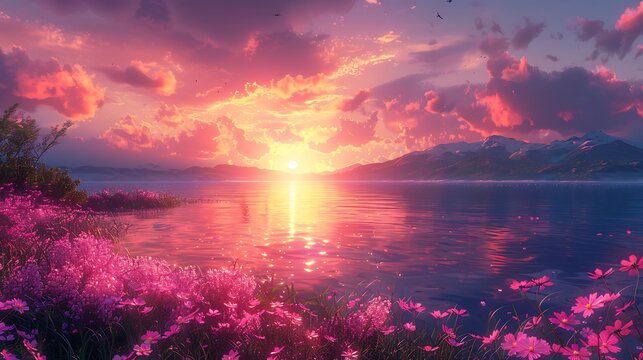 Frame a moment of digital tranquility with a panoramic shot of a serene virtual landscape, where pixelated sunsets paint the sky in hues of orange and purple, 